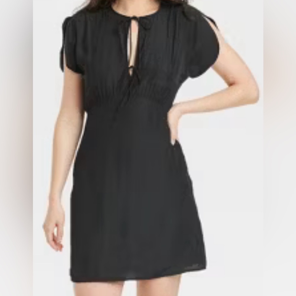 NEW!! Women's Tie-Front Flutter Short Sleeve Mini A-Line Dress-Black-SMALL (NWT)
